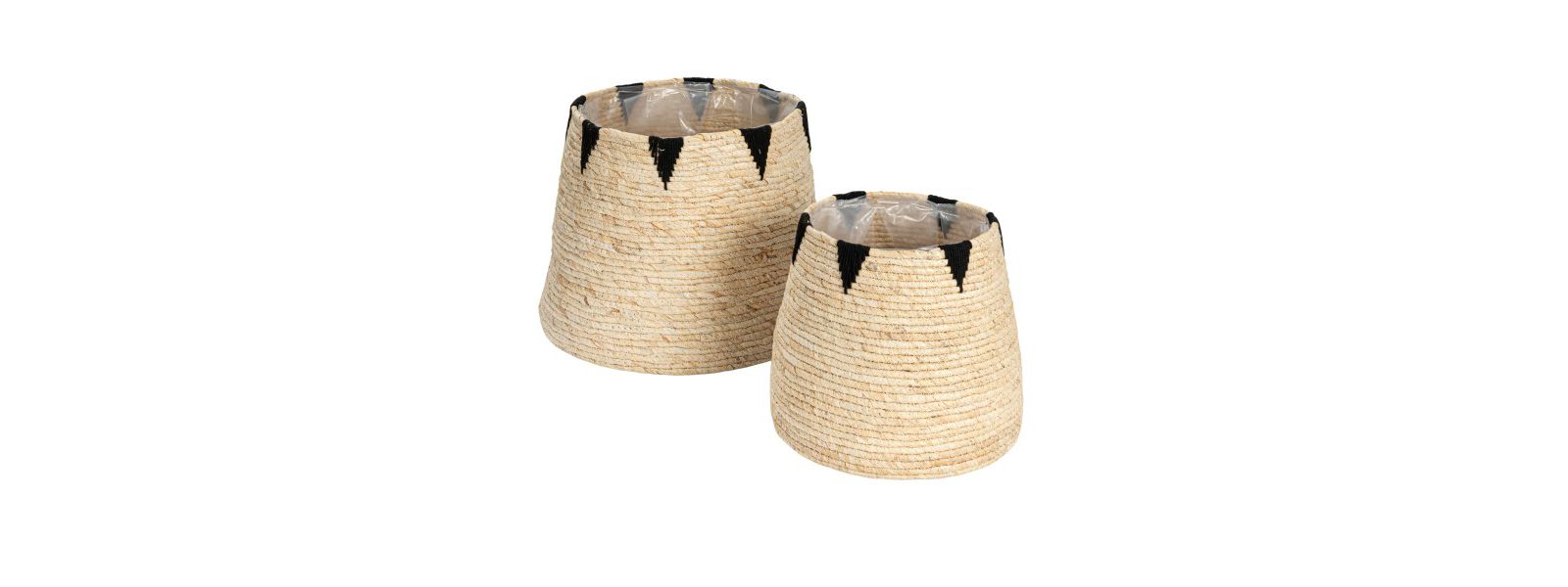 Household Essentials Round Handwoven Corn Leaf Basket Set of 2 with Plastic Liner, Natural with Black Accents