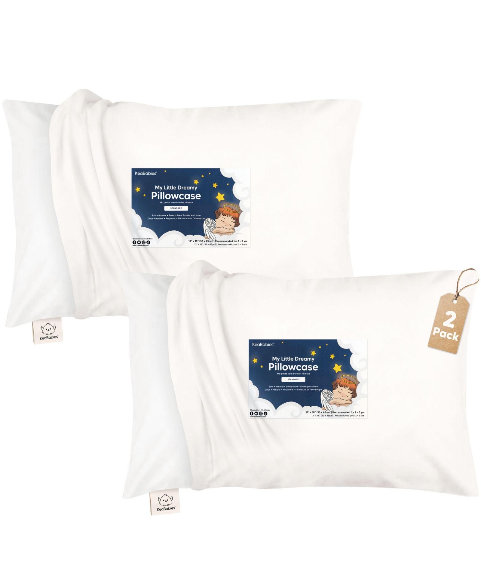KeaBabies  2-Pack Toddler Pillowcases for 13x18 Pillow, Organic Cotton Kids Pillow Case Cover for Sleeping, Soft & Durable