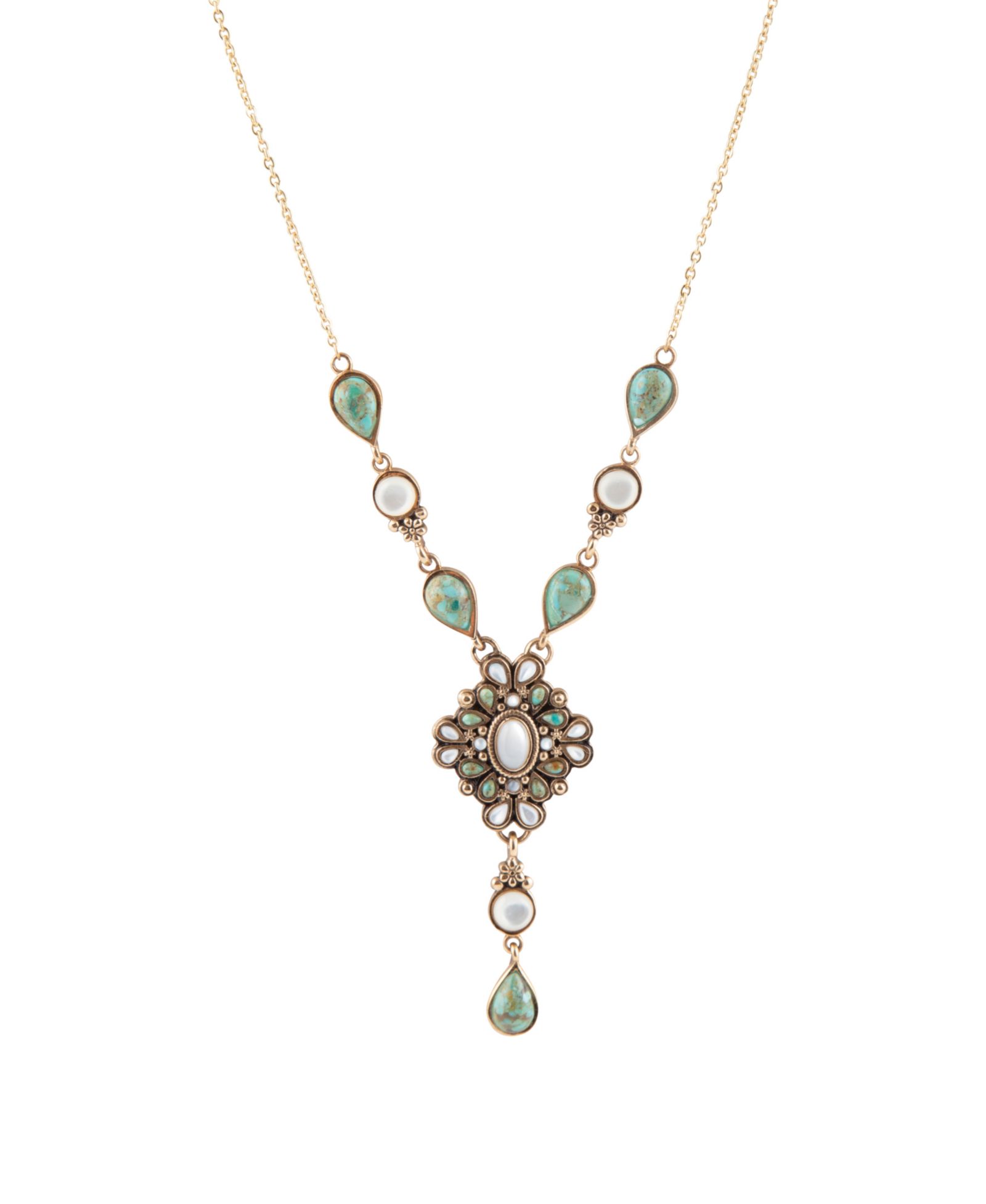 Золотистое ожерелье Barse White Mother of Pearl и Blue Turquoise Barcelona Y-Necklace