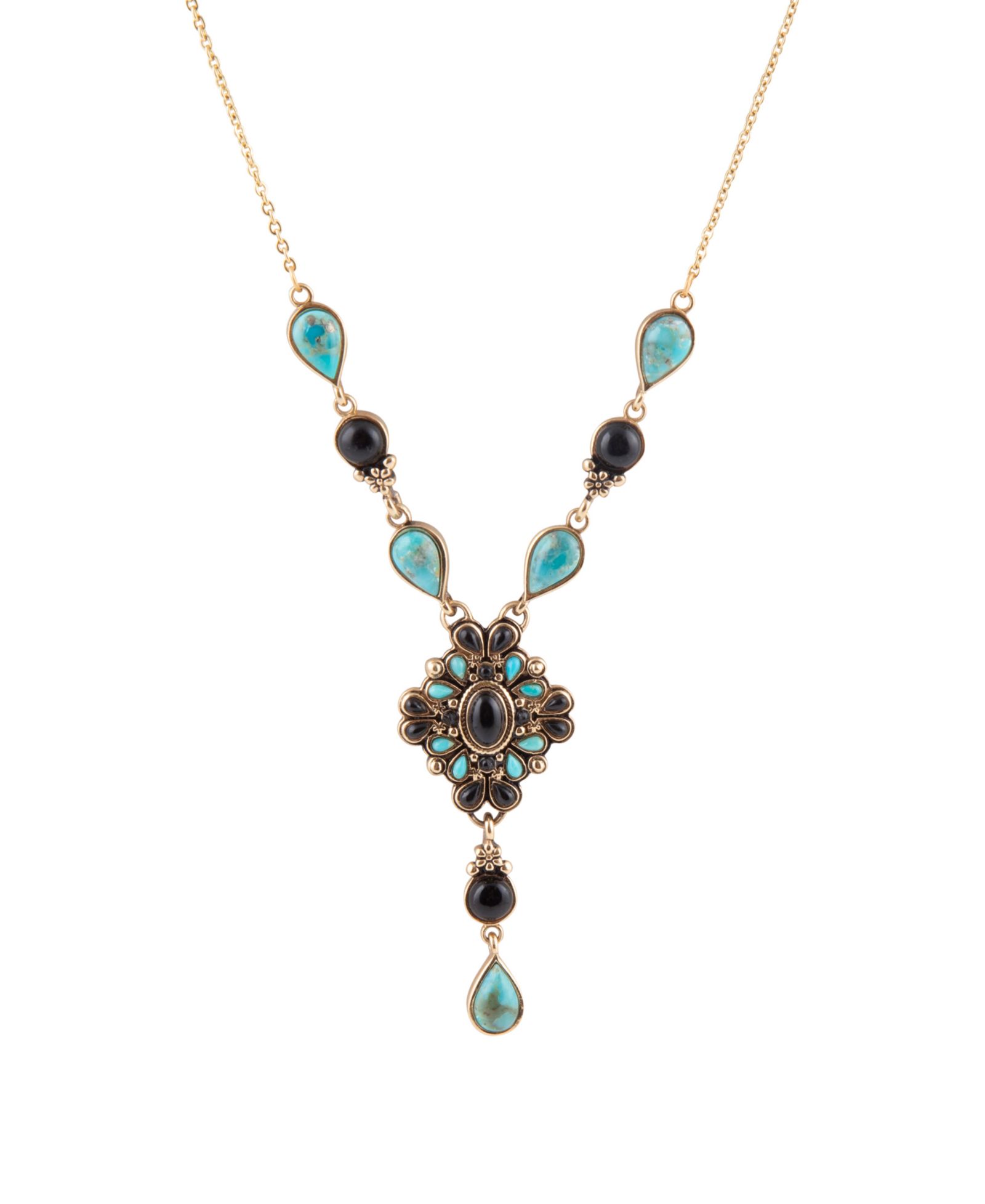 Barse Barcelona Y-образное ожерелье Black Onyx и Blue Turquoise Golden Y-Necklace