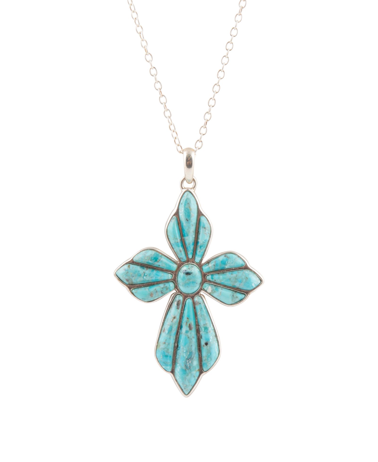 Barse Blue Turquoise Cross Pendant Sterling Silver Necklace