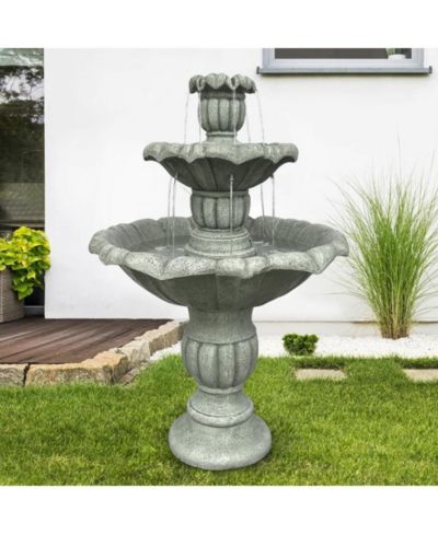 SunJet 39.3”H 3-Tier Outdoor Floor Water Fountain – Concrete Cascading Fountain with Pump for Garden, Patio, Yard & Home Decor