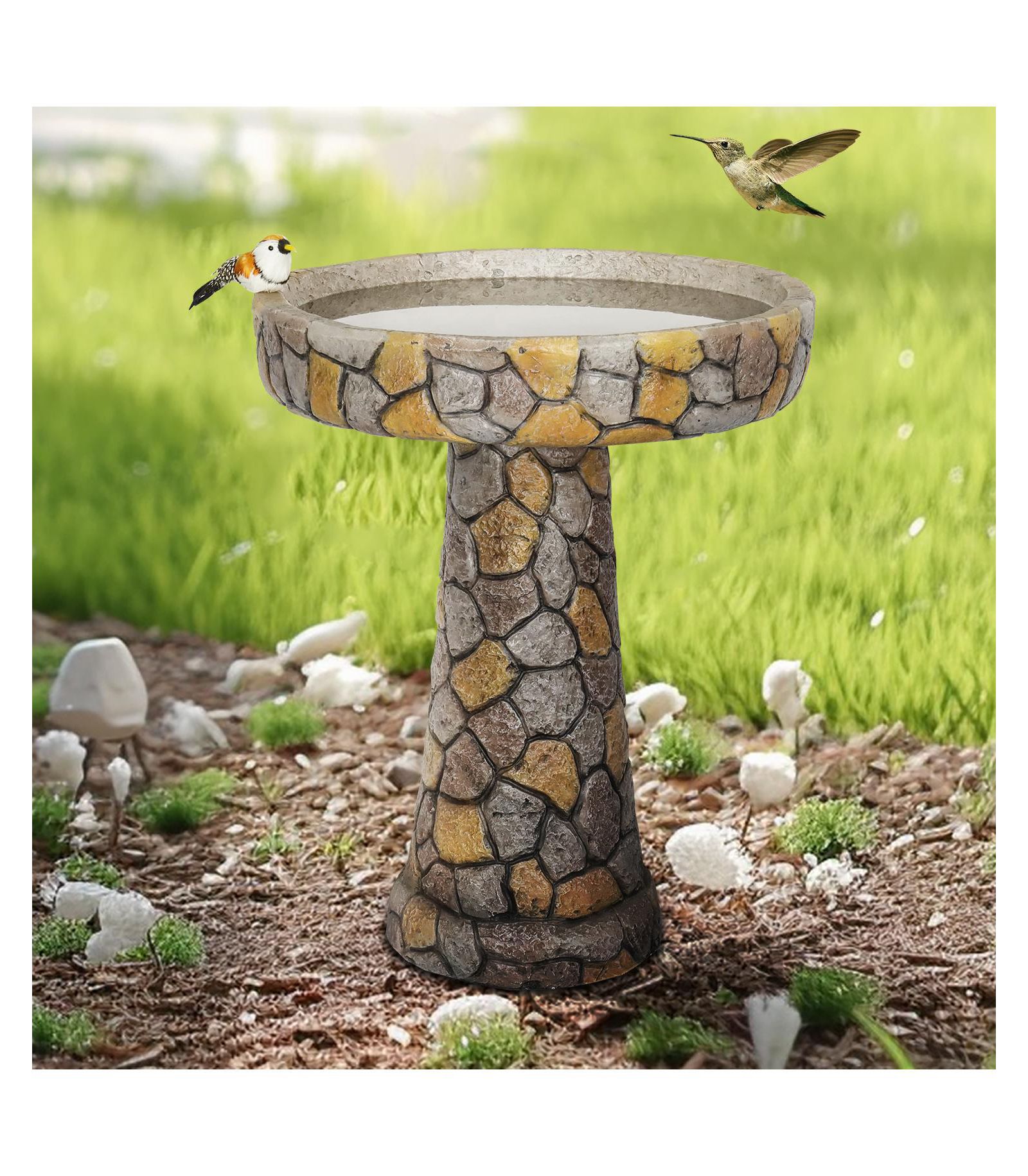 SunJet 24”H Stone-Like Concrete Bird Bath with Pedestal for Garden, Patio, Yard Outdoor Decor