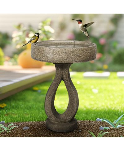 SunJet 15.7” Dia X 21.8”H” Concrete Birdbath – Modern Outdoor Garden Pedestal Statue for Patio, Yard & Contemporary Garden Decor