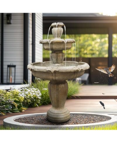 SunJet 48”H 3-Tier Outdoor Water Fountain – Concrete Cascading Floor Fountain with Pump for Garden, Patio, Yard & Home Decor