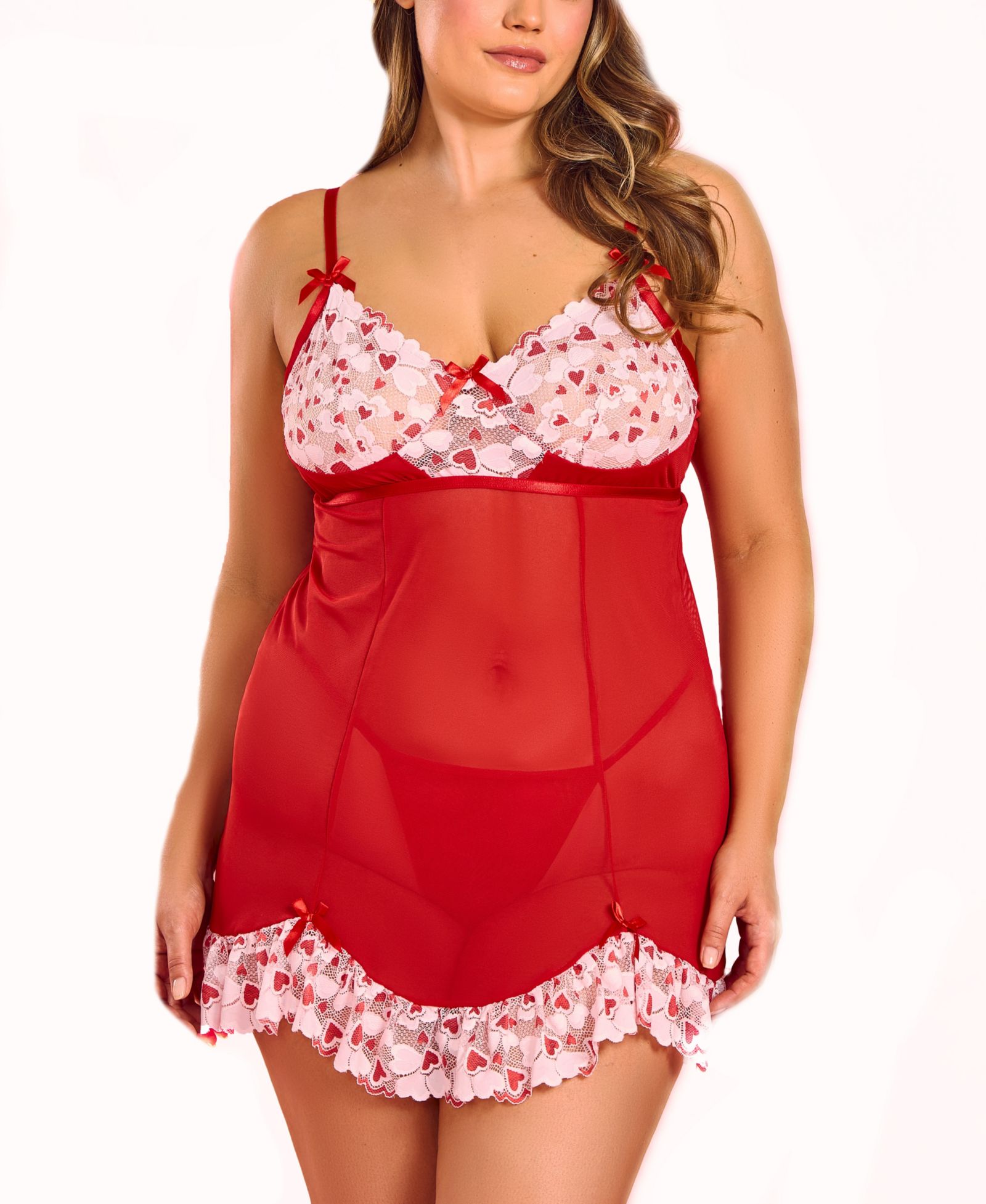 Hauty Plus Size 2-Piece Heart Lace and Princess Seam Babydoll Set Lingerie