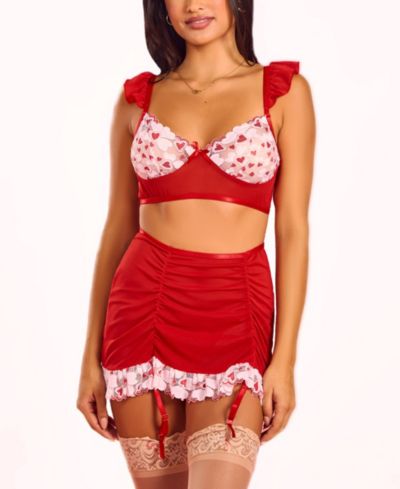 Hauty Women's 3-Piece Heart Lace & Ruffle Bralette and Mini Set Lingerie