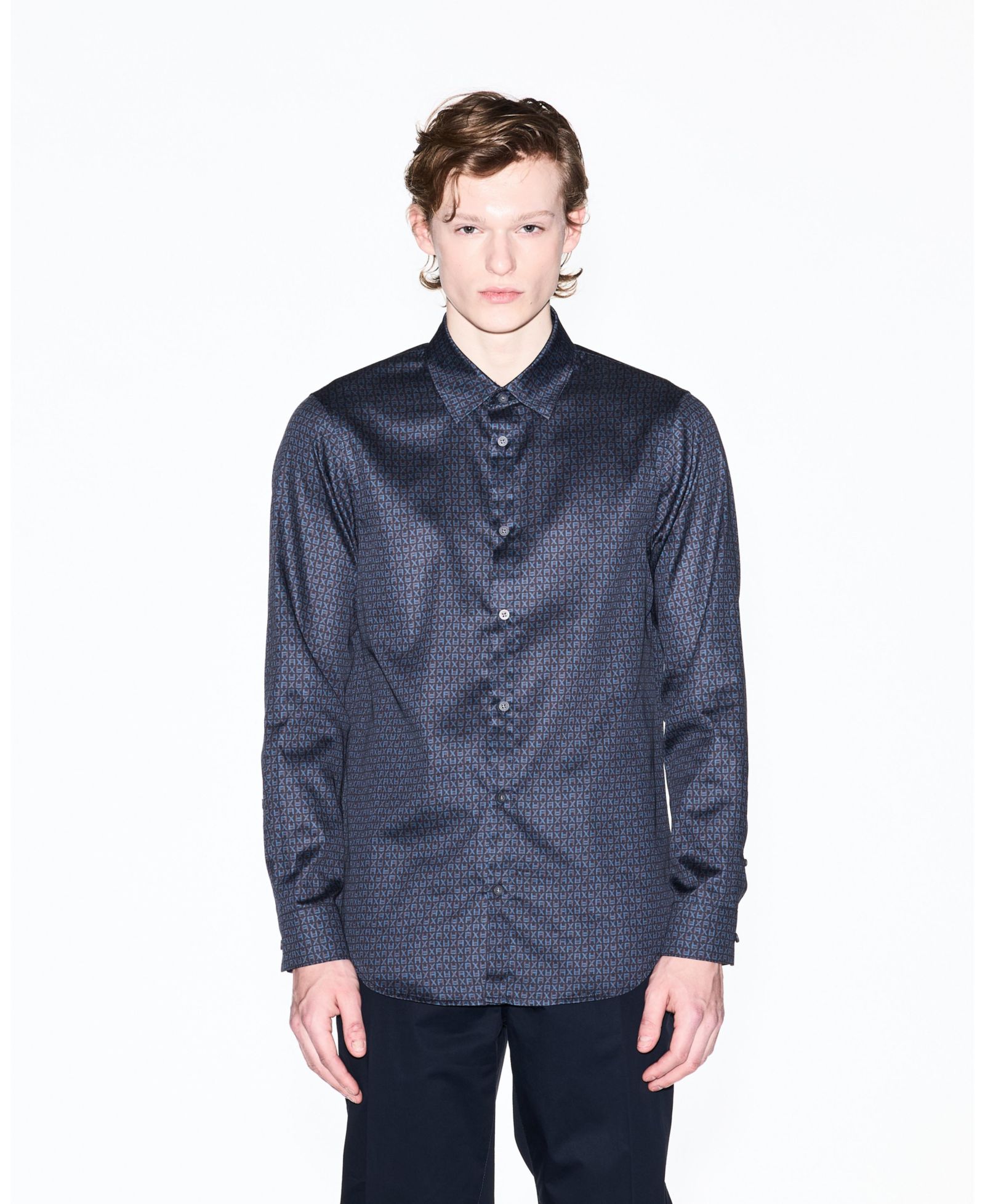 A|X Armani Exchange Men's Long Sleeve Cotton Satin Allover logo Print Shirt