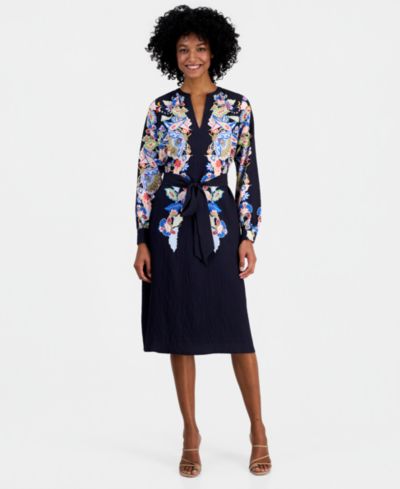 T Tahari Women's Spllit-Neck Belted A-Line Dress