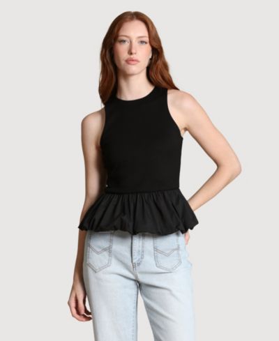 Avec Les Filles Women's Peplum Crew Neck Tank Top