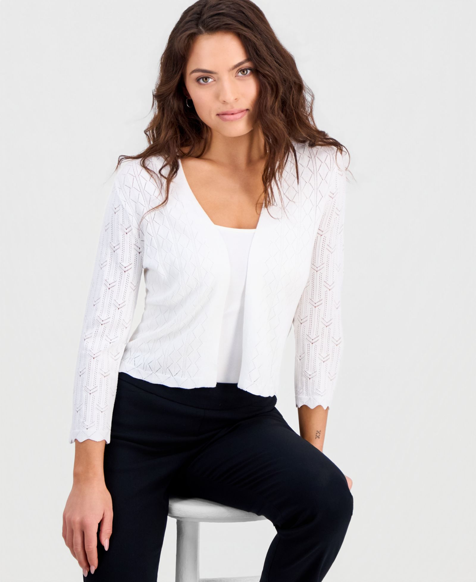 Robbie Bee Petite Pointelle Knit Open-Front Shrug