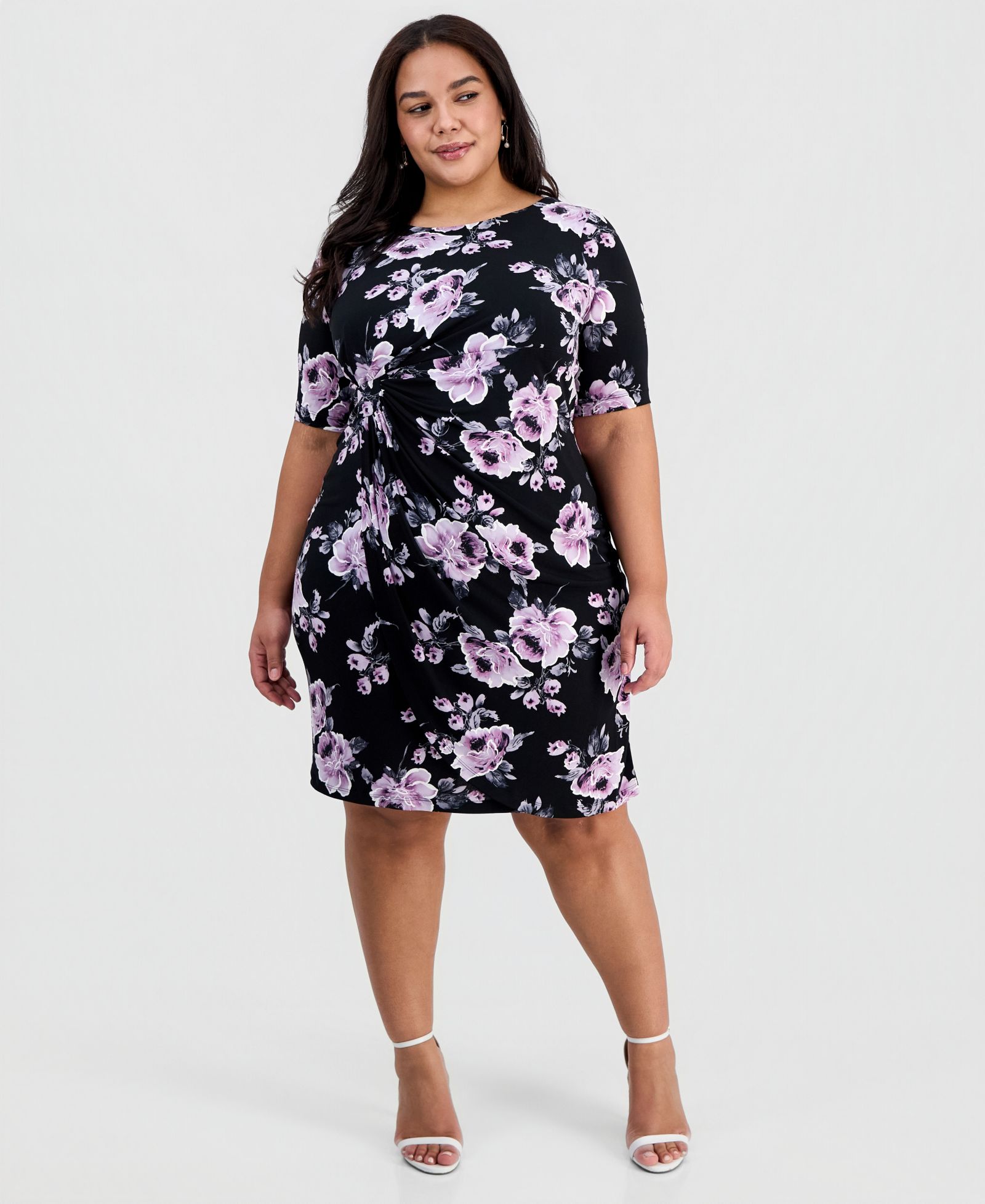 Connected Plus Size Floral Twist-Front Elbow-Sleeve Dress