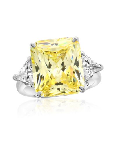 Suzy Levian New York Gala Collection Sterling Silver Large Firework Emerald-Cut Cubic Zirconia Trillion Accent 3-Stone Ring