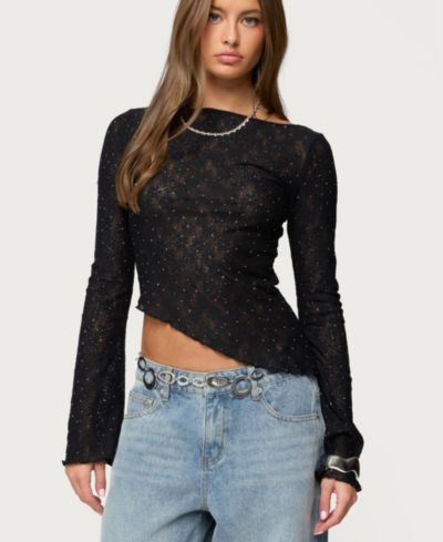 Edikted Women's Mare Asymmetric Gem Sheer Lace Top