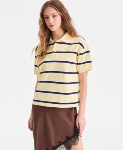 Bar III Women's Striped Cotton Short-Sleeve Rugby Shirt, Macy's Exclusive