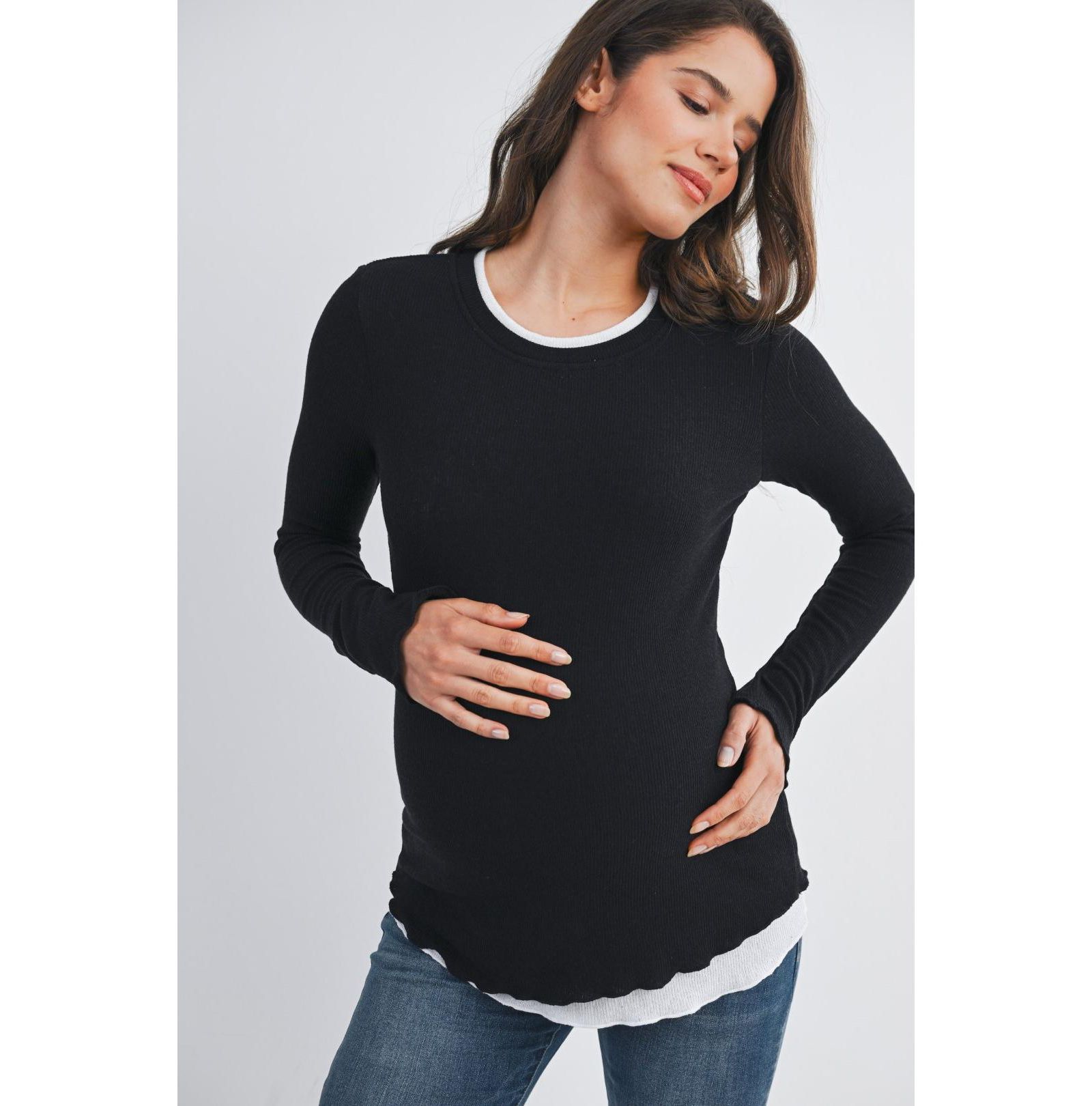 Hello Miz Maternity Ribbed Layer Contrast Long Sleeve Top