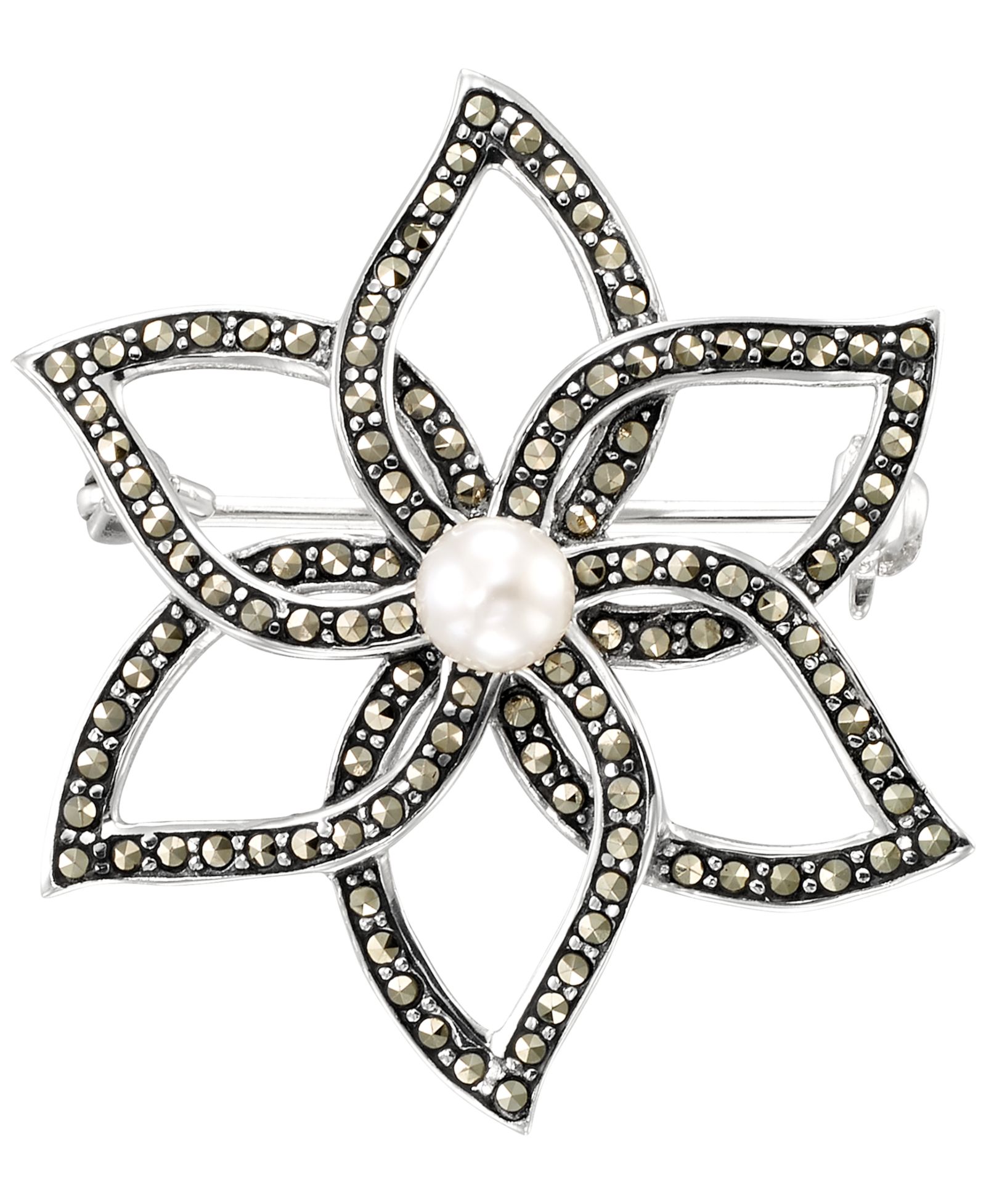 Macy's брошь с жемчугом и марказитом, Sterling Silver
