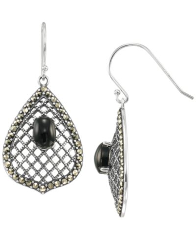 Серьги-подвески Macy's с марказитом (0.64 ct. t.w.) и черным ониксом (0.5 ct. t.w.) из стерлингового серебра