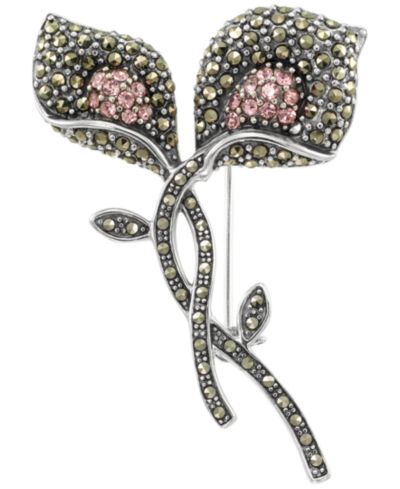 Macy's Marcasite (2.2 ct. t.w.) and Pink Crystal (0.49 ct. t.w.) Brooch in Sterling Silver