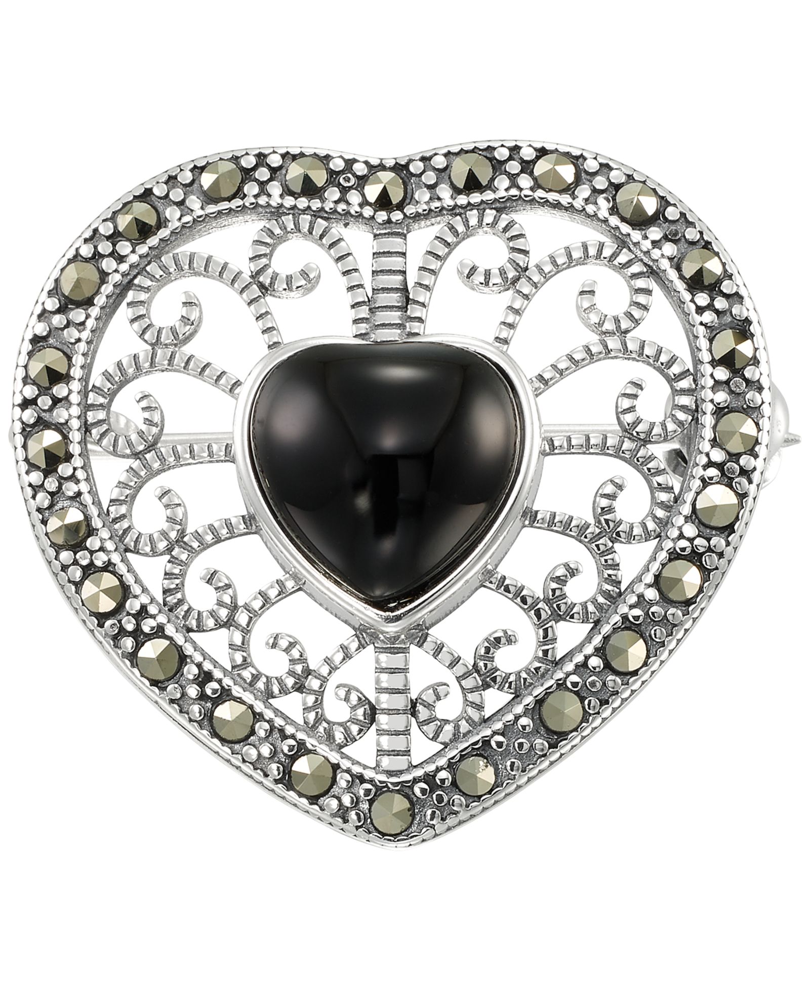 Брошь Macy's Marcasite и Black Onyx Heart Sterling Silver