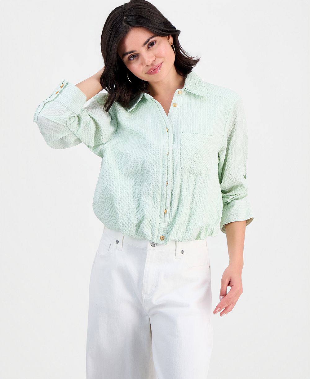 Democracy Petite Smocked Collar Bubble-Hem Striped Collared Shirt
