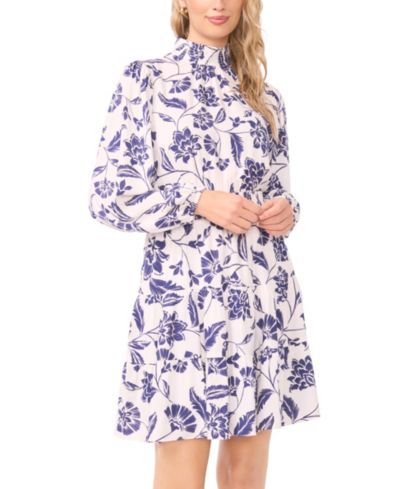 1.STATE Women's Smocked Mock Neck Long-Sleeve Mini Dress