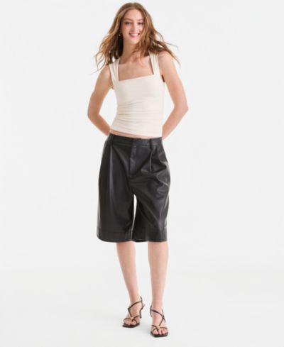 Bar III Women's Faux-Leather Pleated Bermuda Shorts, Macy's Exclusive