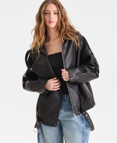 Bar III Women's Faux-Leather Zip-Front Bomber Jacket, Macy's Exclusive