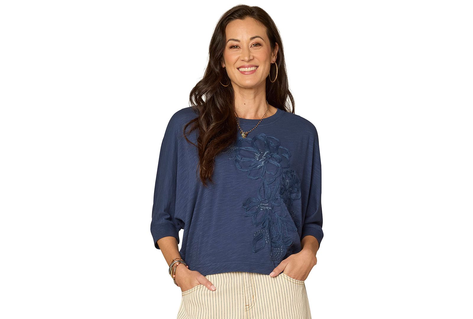 Democracy Petite Dolman-Sleeve Embroidered Top