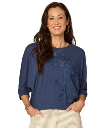 Democracy Petite Dolman-Sleeve Embroidered Top