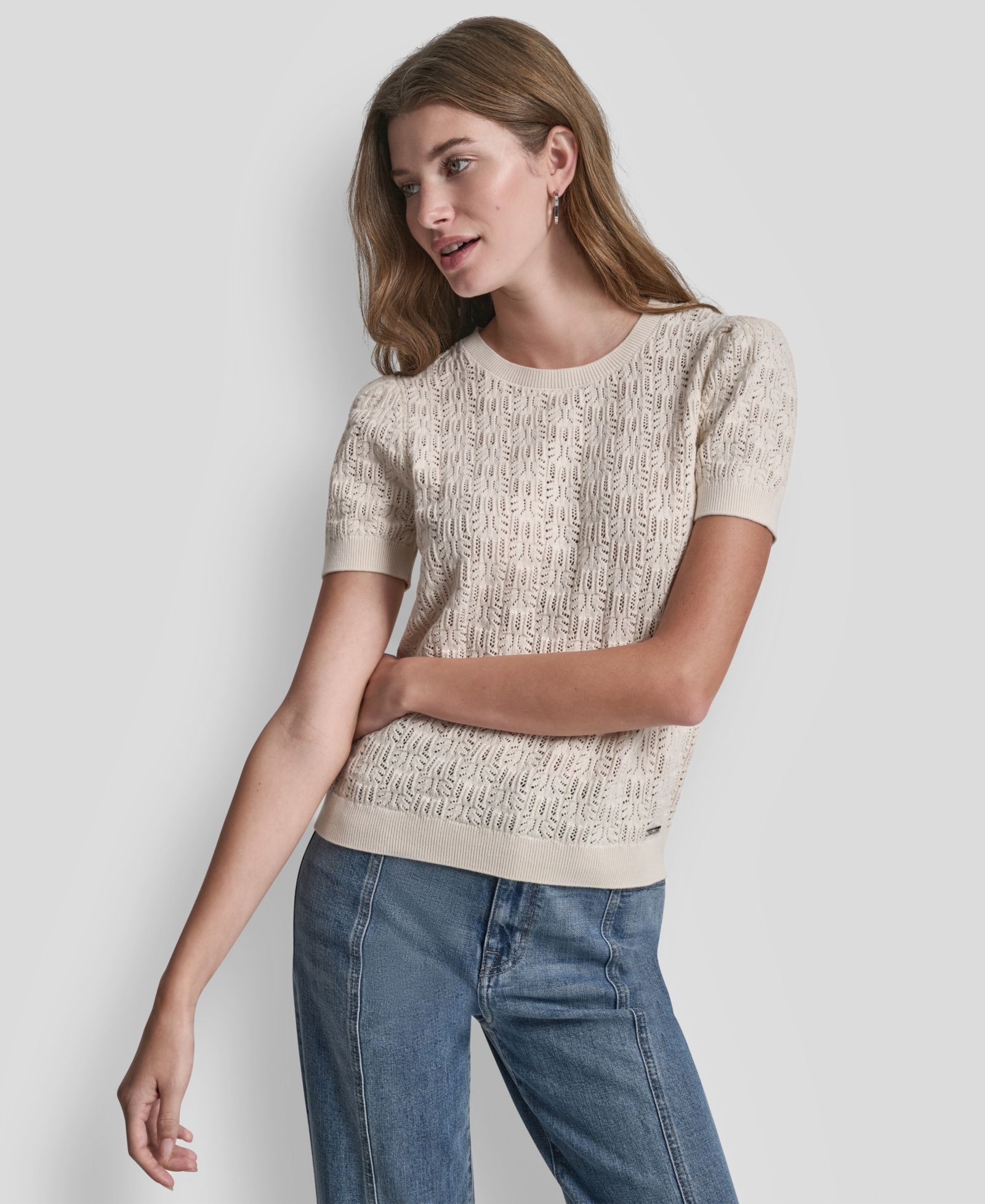 DKNY Jeans Petite Short Sleeve Crew Neck Lace Pointelle Sweater