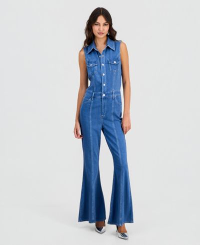 GUESS Women's Harlo Sleeveless Flared-Leg Denim Jumpsuit