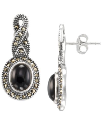 Macy's серьги-подвески с марказитом (0.59 ct. t.w.) и ониксом (1-1/4 ct. t.w.) из стерлингового серебра