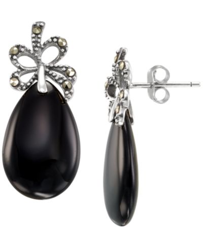 Серьги-подвески Macy's Marcasite (0.13 ct. t.w.) и Onyx (9-1/2 ct. t.w.) из стерлингового серебра