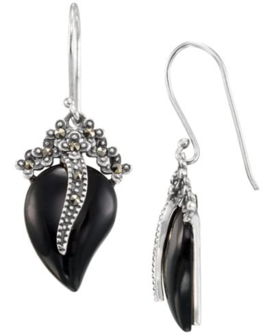Серьги-подвески Macy's Marcasite (0.16 ct. t.w.) и Onyx (4 ct. t.w.) в серебряной оправе