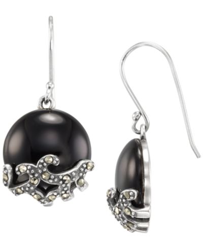 Серьги Macy's Marcasite (0.17 ct. t.w.) и Onyx (6 ct. t.w.) висячие, стерлинговое серебро