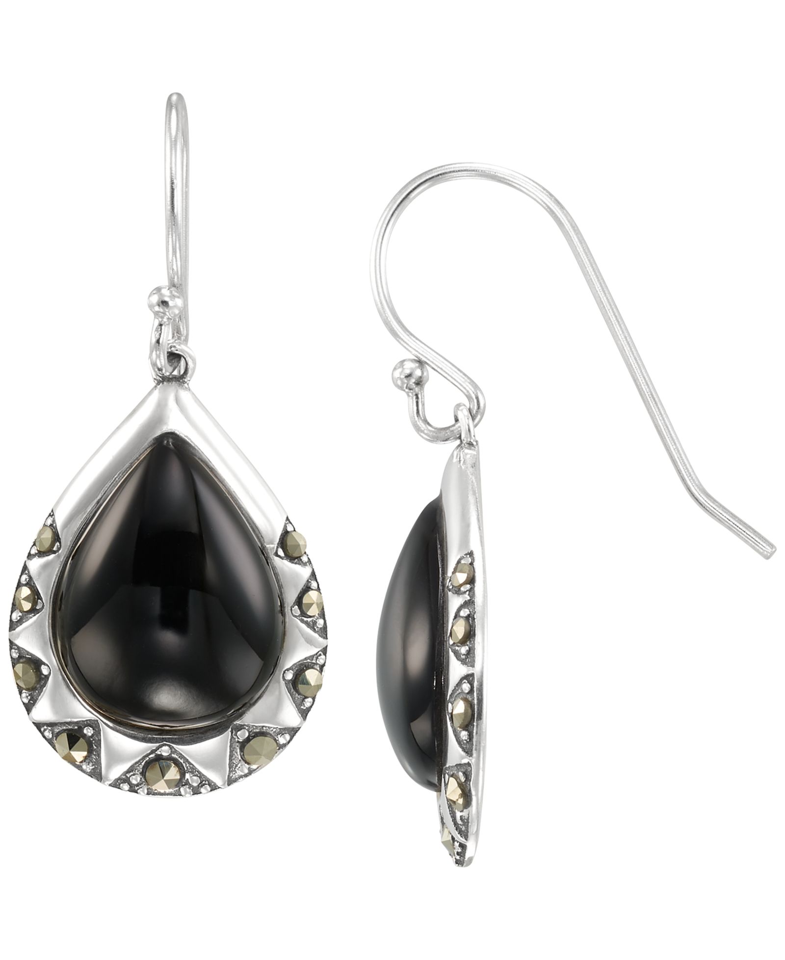 Macy's Серьги-подвески с марказитом (0.30 ct. t.w.) и ониксом (6 ct. t.w.) из стерлингового серебра