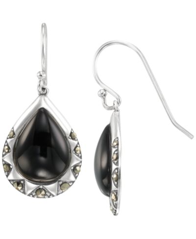 Macy's Серьги-подвески с марказитом (0.30 ct. t.w.) и ониксом (6 ct. t.w.) из стерлингового серебра