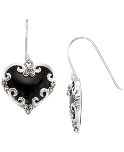 Серьги-подвески Macy's Marcasite (0.22 ct. t.w.) и Onyx (5 ct. t.w.) в стерлинговом серебре