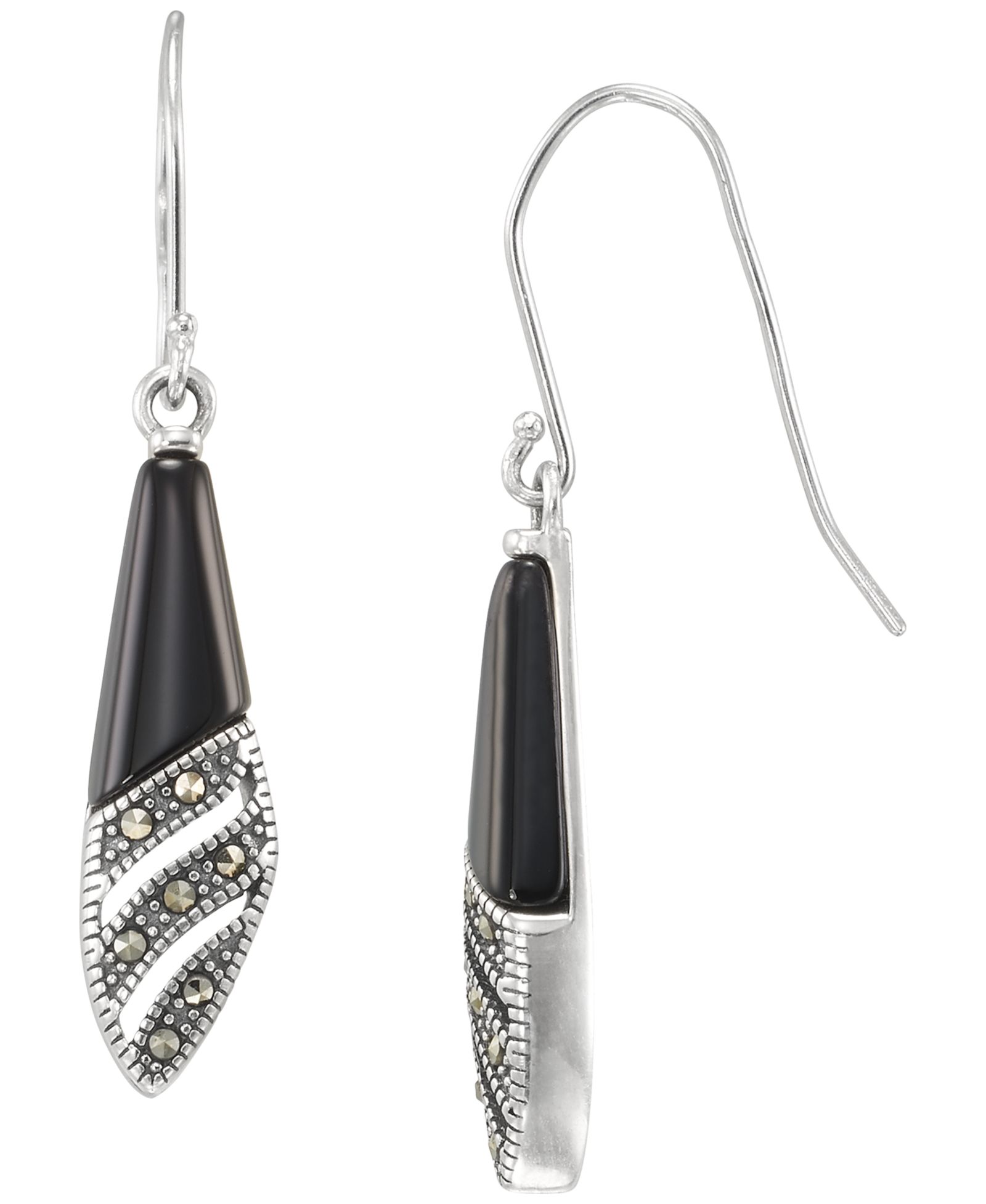 Macy's Marcasite (0.09 ct. t.w.) and Onyx (1-1/2 ct. t.w.) Dangle Earrings in Sterling Silver