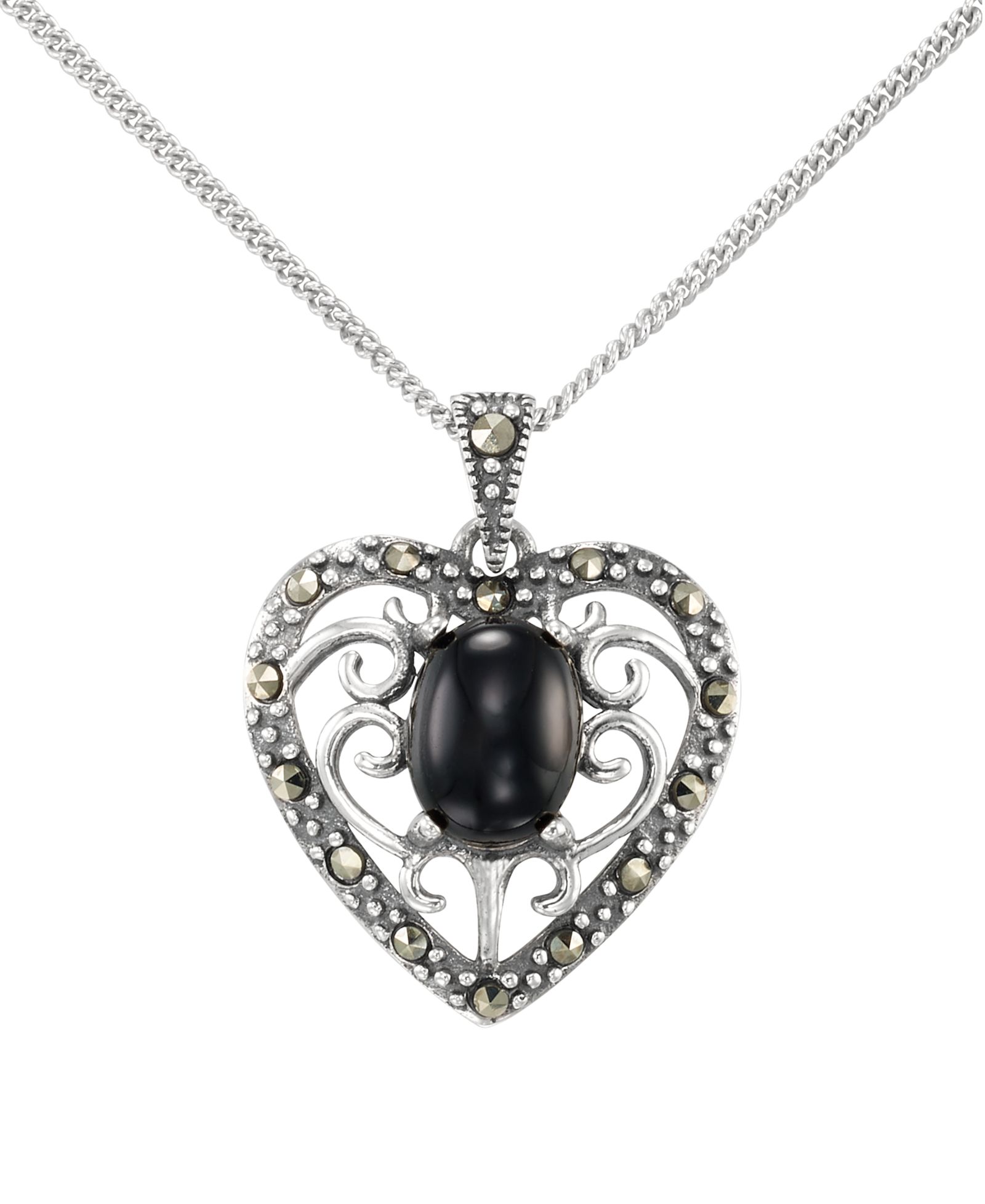 Macy's Marcasite 0.17 ct. t.w. and Faceted Onyx 1-1/4 ct. t.w. Heart Pendant necklace в Sterling Silver