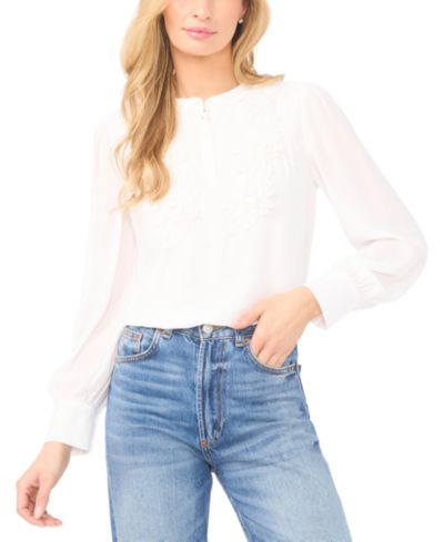 CeCe Women's Crewneck Floral Applique Top