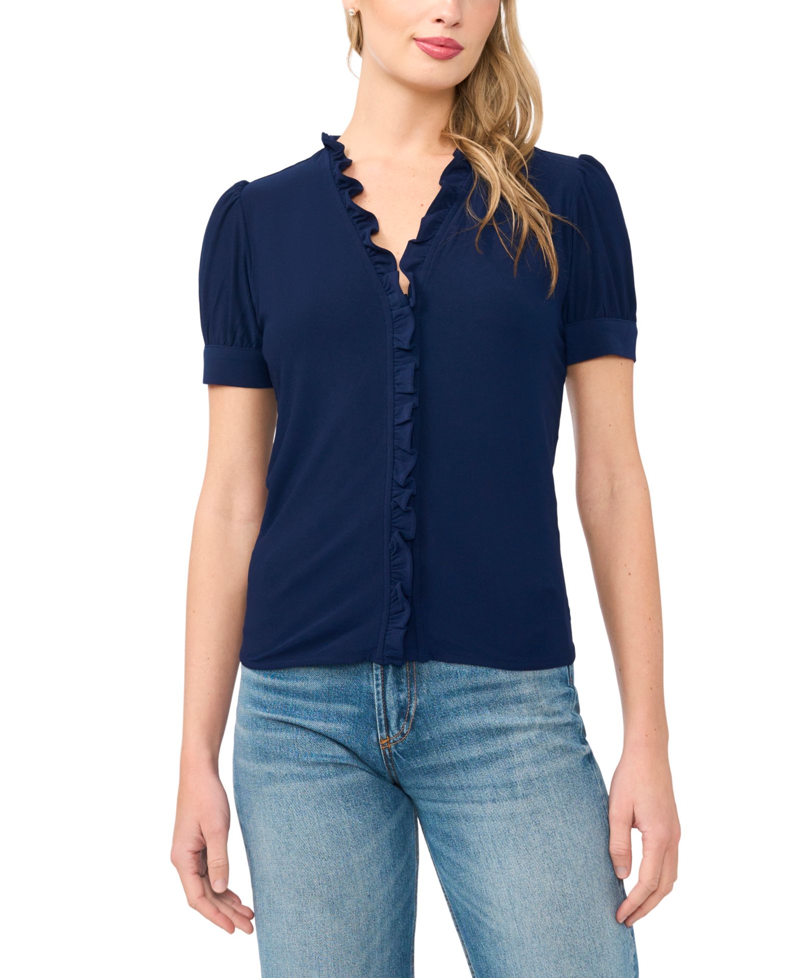 CeCe Women's V-Neck Short-Sleeve Buttoned Top