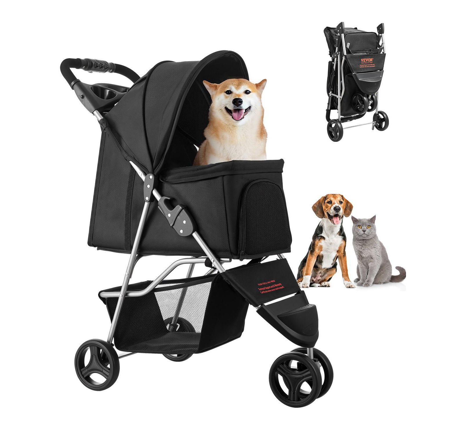 COZITO 3-Wheel Foldable Pet Stroller with Cup Holders, Holds up to 35 lbs