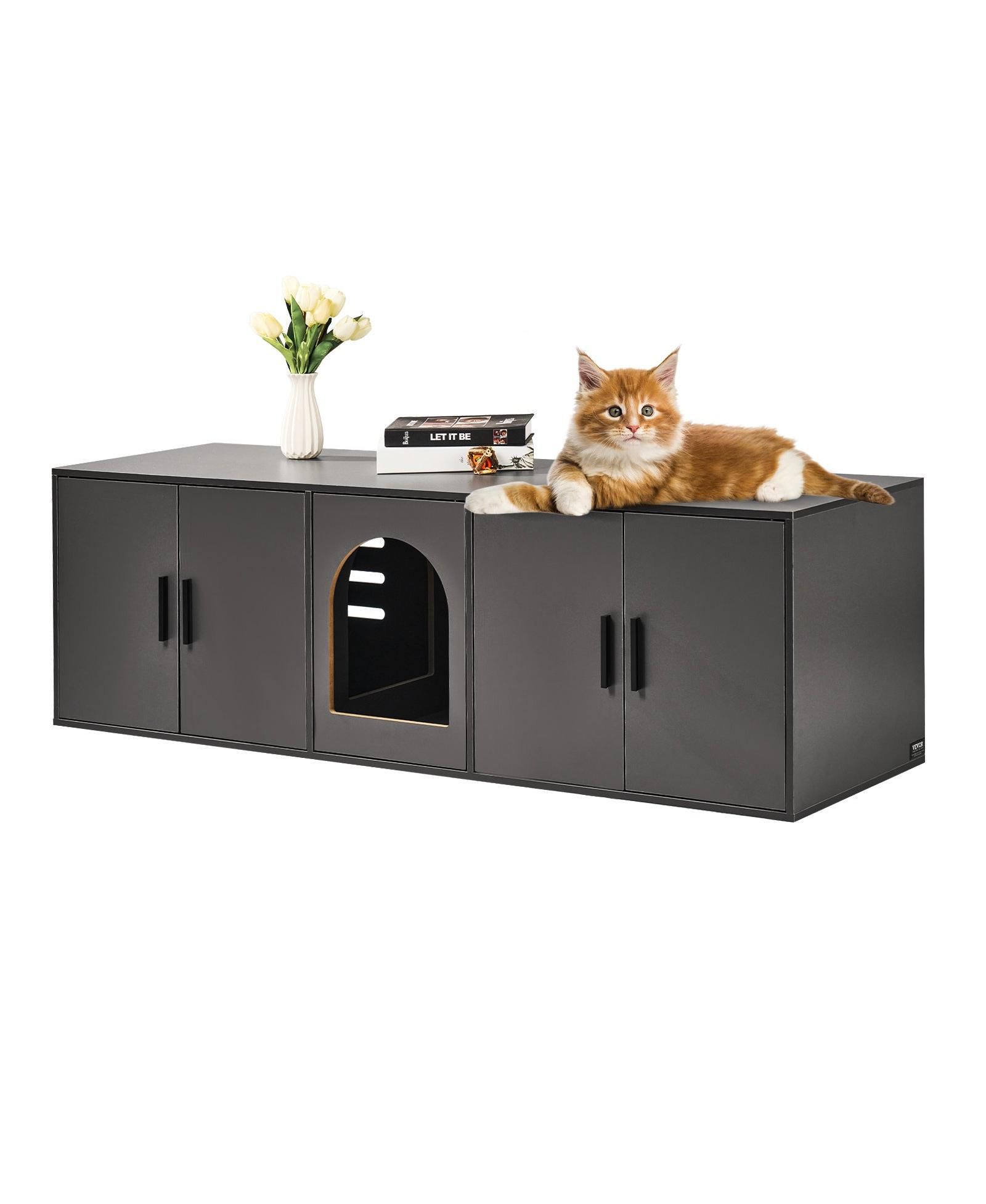 COZITO Double-Compartment Wooden Cat Litter Box Enclosure, Black