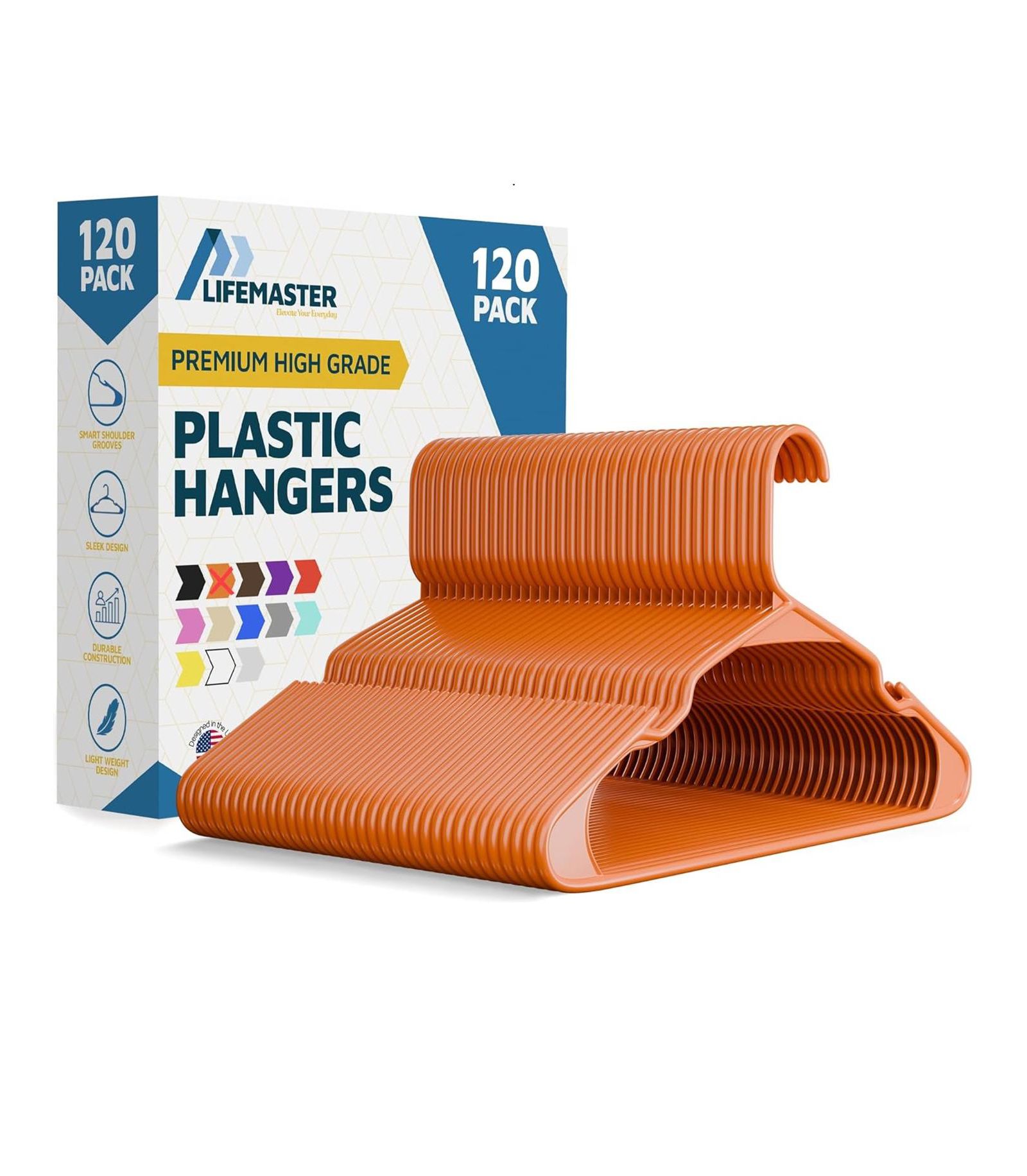 Lifemaster heavy-duty plastic hangers for clothes, dresses & coats non-slip grooves, space-saving design, holds 5 lbs 120-pack, orange.