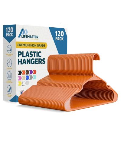 Lifemaster heavy-duty plastic hangers for clothes, dresses & coats non-slip grooves, space-saving design, holds 5 lbs 120-pack, orange.