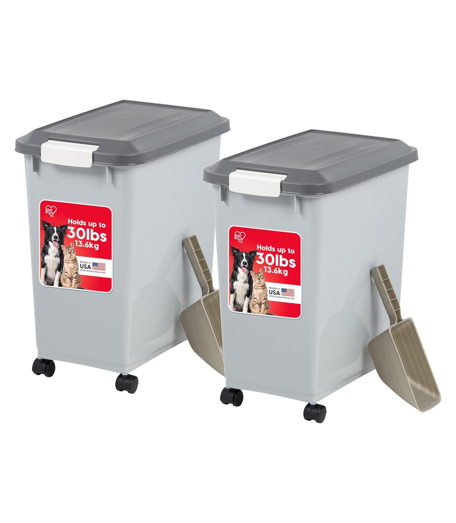 IRIS 30 Lbs Dog Food Storage Container with Wheels, Airtight Lid, 2-Cup Scoop, Gray/Dark Gray, 2Pk