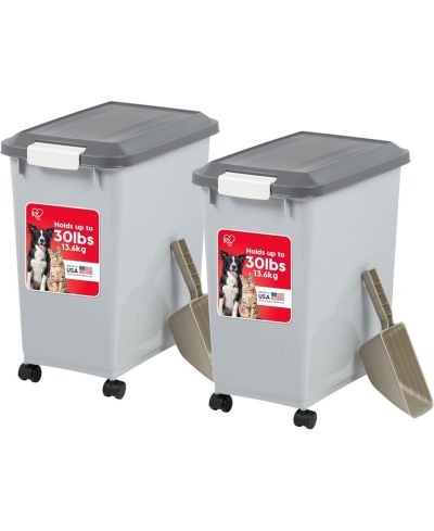 Контейнер для хранения корма для собак IRIS 30 Lbs на колесах с герметичной крышкой и ковшом на 2-Cup, серый/темно-серый, 2 шт.