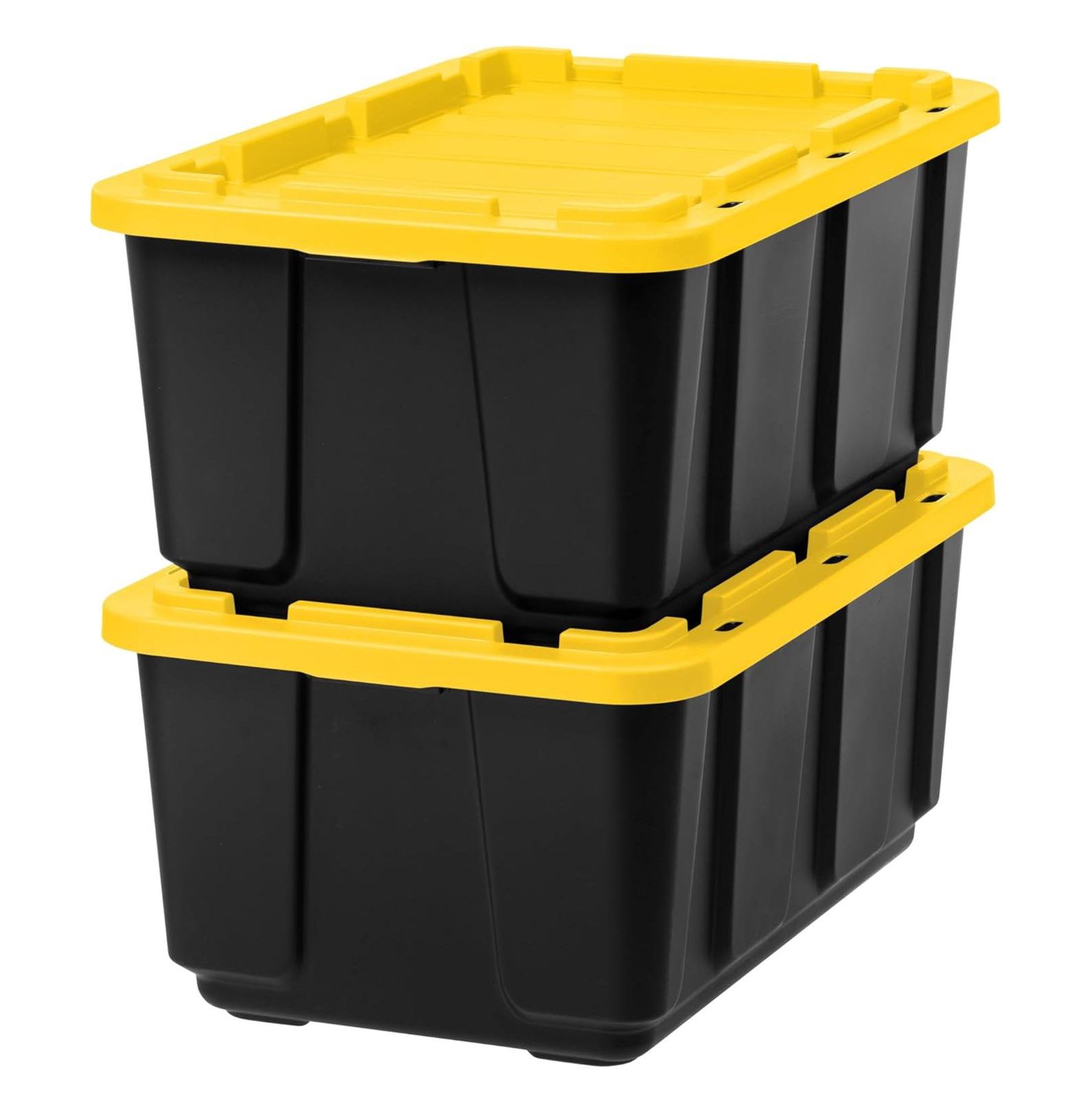 IRIS 27 Gal Heavy Duty Truck Bed Toolbox Storage Tote Bins with Lids, Garage Organization, Black/Yellow, 2Pk